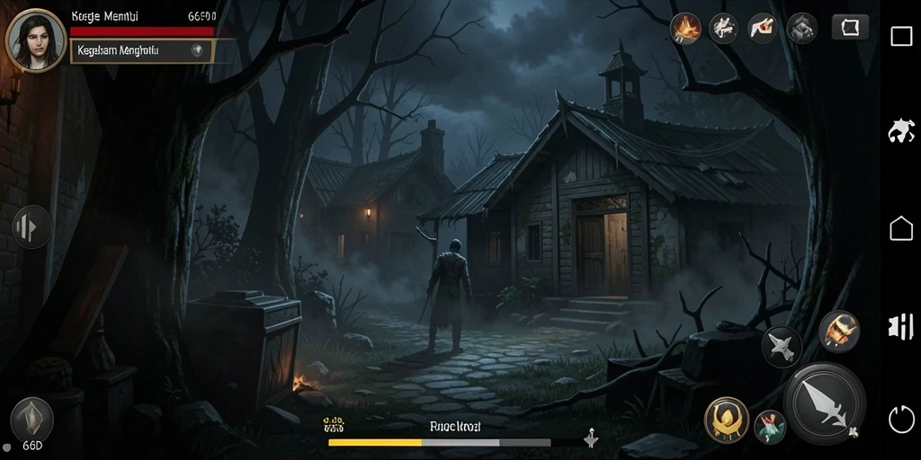Screenshot gameplay menakutkan dari 66D saat menjelajahi kegelapan.