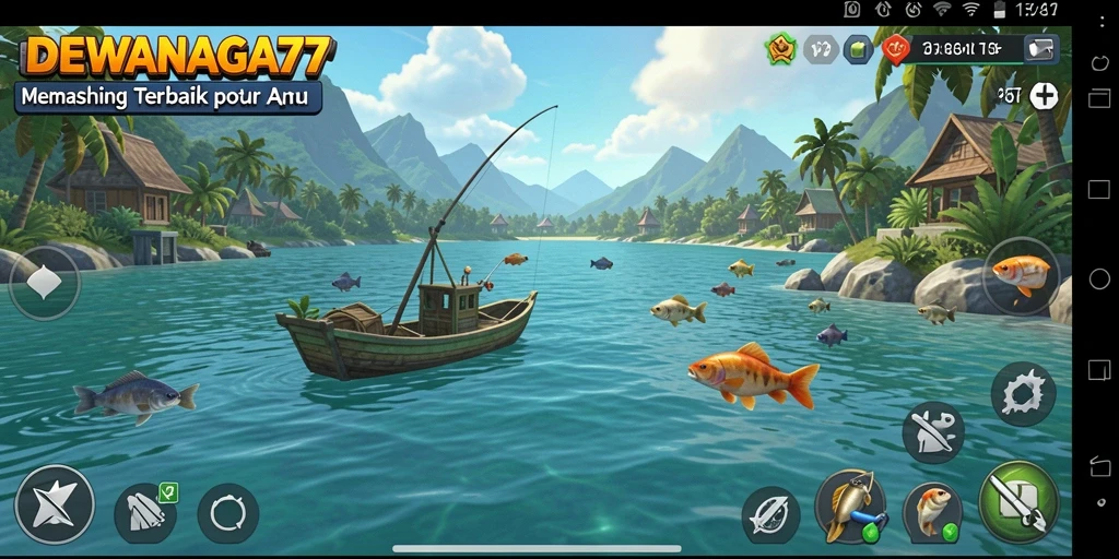 Tampilan gameplay seru dalam DEWANAGA77 saat memancing di lokasi indah.