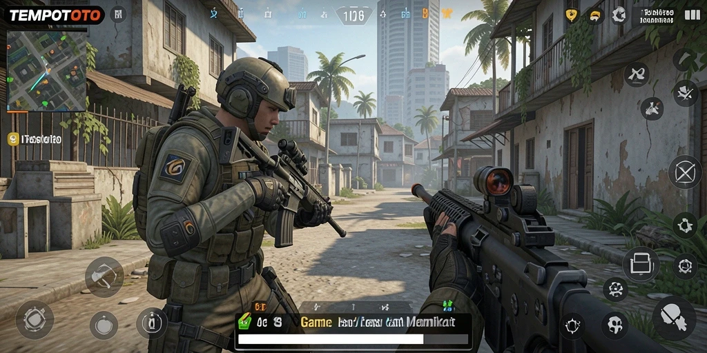 Screenshot gameplay TEMPOTOTO dengan aksi menembak yang intens.